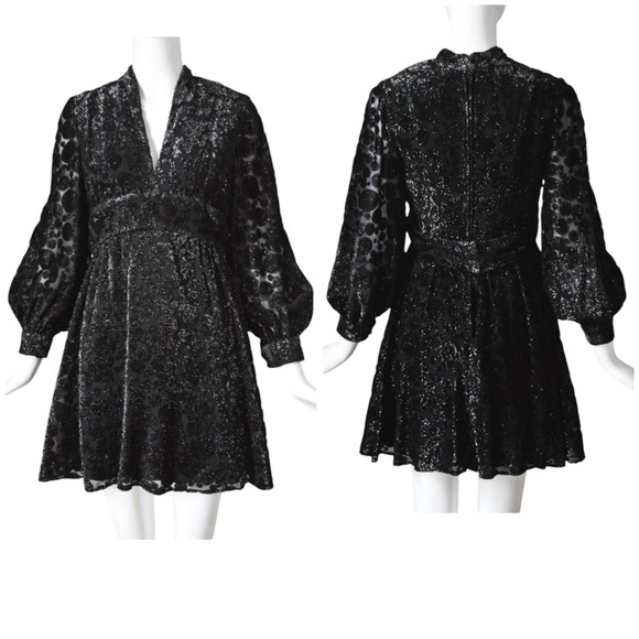 Jayna Dresses & Skirts - Jayna Vtg  Black Metallic Deep V Neck Party Dress Brocade Bishop Sleeve Size S